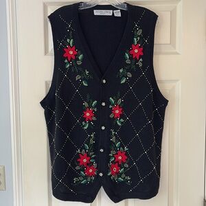 Victoria Jones Woman Black Sweater Vest with Red and Green Floral Design